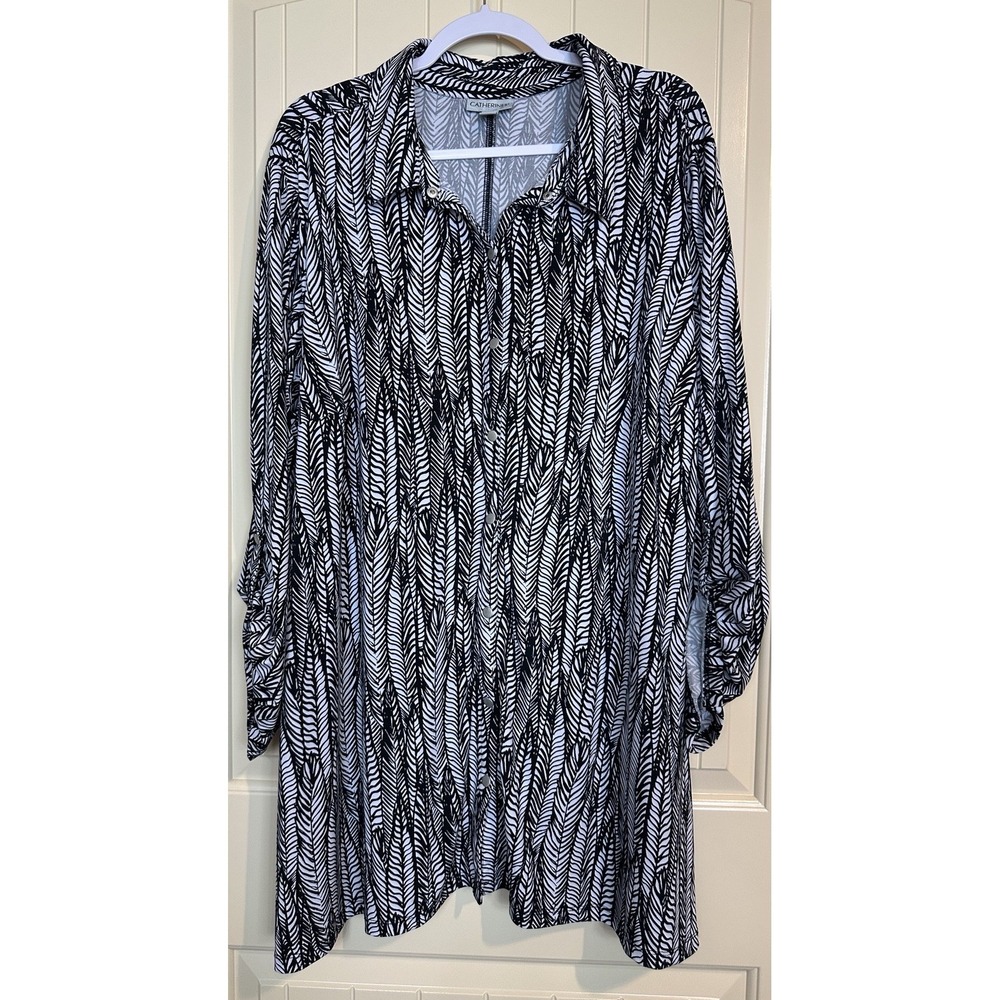 Catherines Womens Roll Tab Sleeve Button Up Top Blouse Sz 3X knit GUC